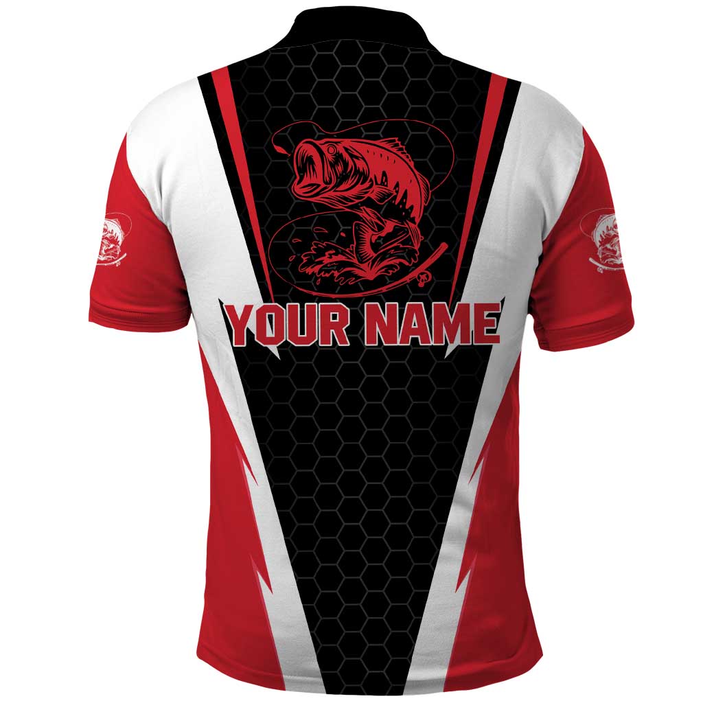 Bass Fishing Personalized Polo Shirt Bold Red and Black Lightning Pattern and Honeycomb Background TS04