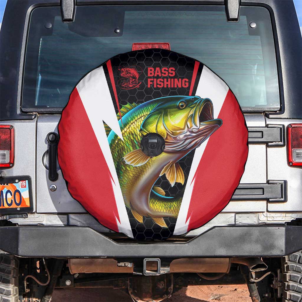 Bass Fishing Personalized Spare Tire Cover Bold Red and Black Lightning Pattern and Honeycomb Background TS04