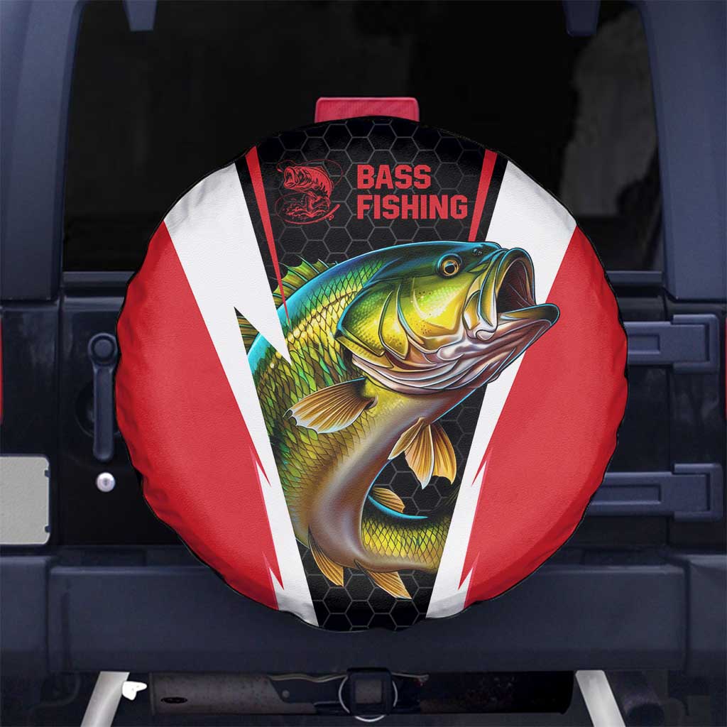 Bass Fishing Personalized Spare Tire Cover Bold Red and Black Lightning Pattern and Honeycomb Background TS04