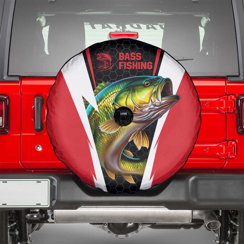 Bass Fishing Personalized Spare Tire Cover Bold Red and Black Lightning Pattern and Honeycomb Background TS04
