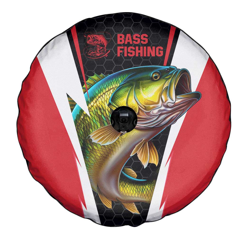 Bass Fishing Personalized Spare Tire Cover Bold Red and Black Lightning Pattern and Honeycomb Background TS04