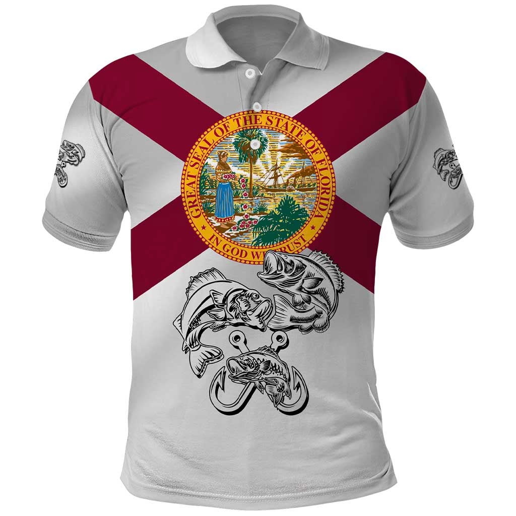 Florida State Flag Fishing Polo Shirt Hook and Fish Sketch Graphic in Red and White Design TS04