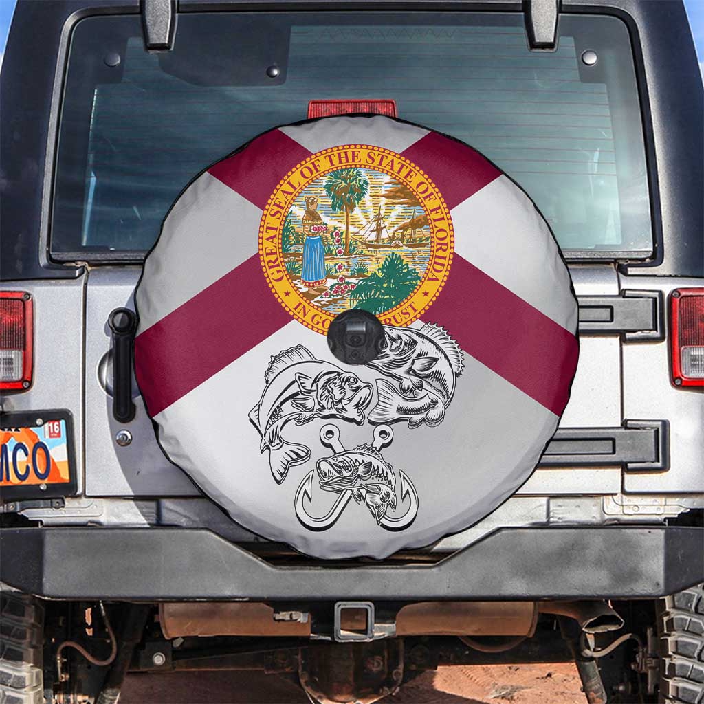 Florida State Flag Fishing Spare Tire Cover Hook and Fish Sketch Graphic in Red and White Design TS04