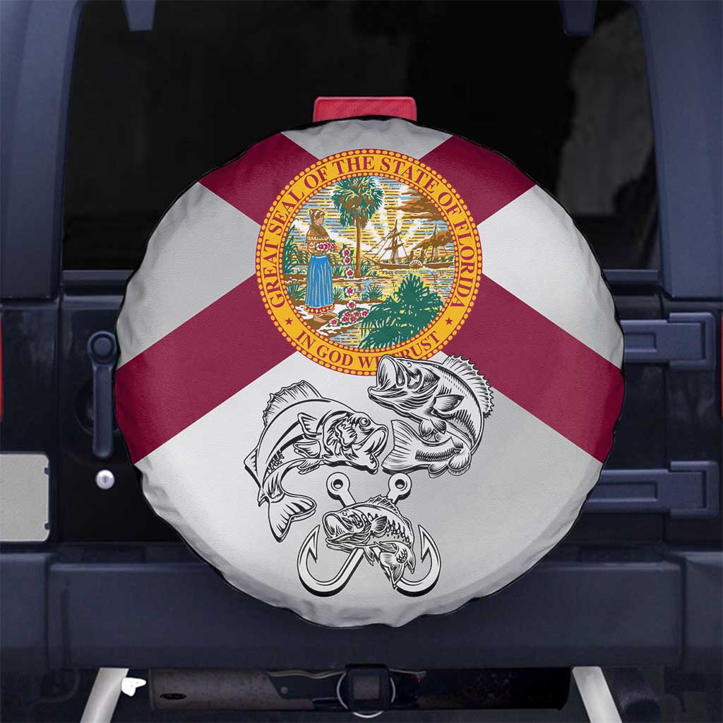 Florida State Flag Fishing Spare Tire Cover Hook and Fish Sketch Graphic in Red and White Design TS04