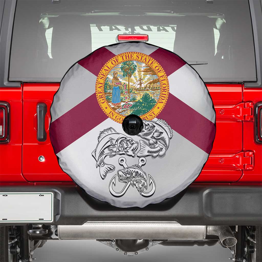 Florida State Flag Fishing Spare Tire Cover Hook and Fish Sketch Graphic in Red and White Design TS04