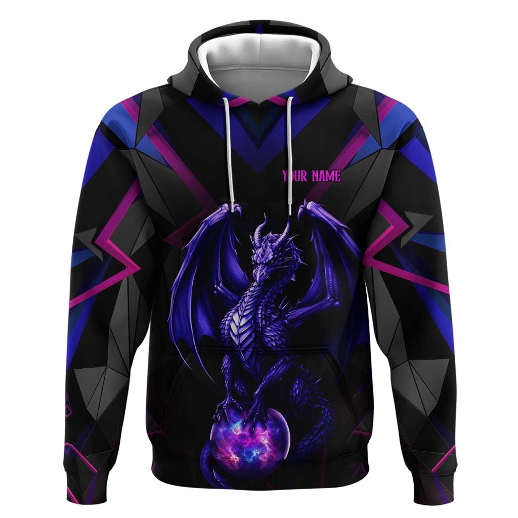 Custom Black And Purple Dragon Bowling Hoodie Magic Orb Graphic on Geometric Black Background Design TS04