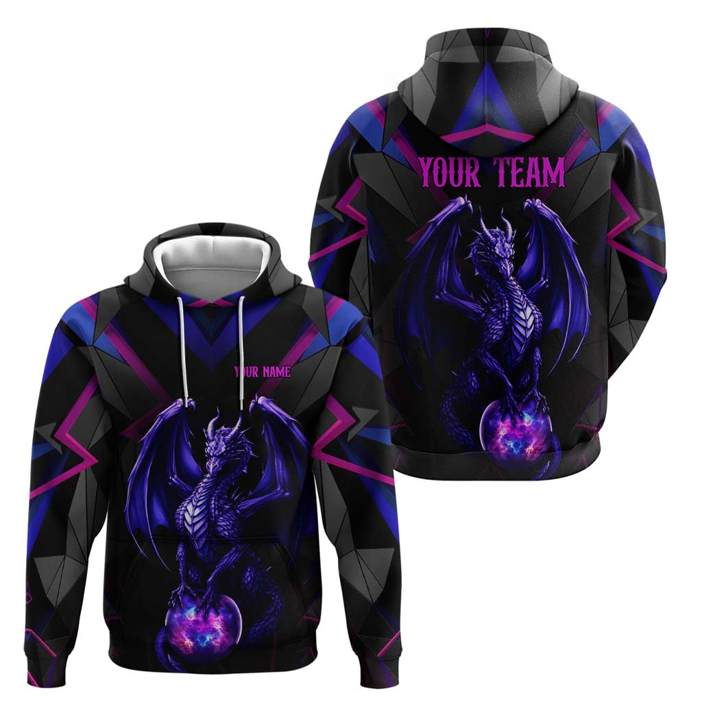 Custom Black And Purple Dragon Bowling Hoodie Magic Orb Graphic on Geometric Black Background Design TS04