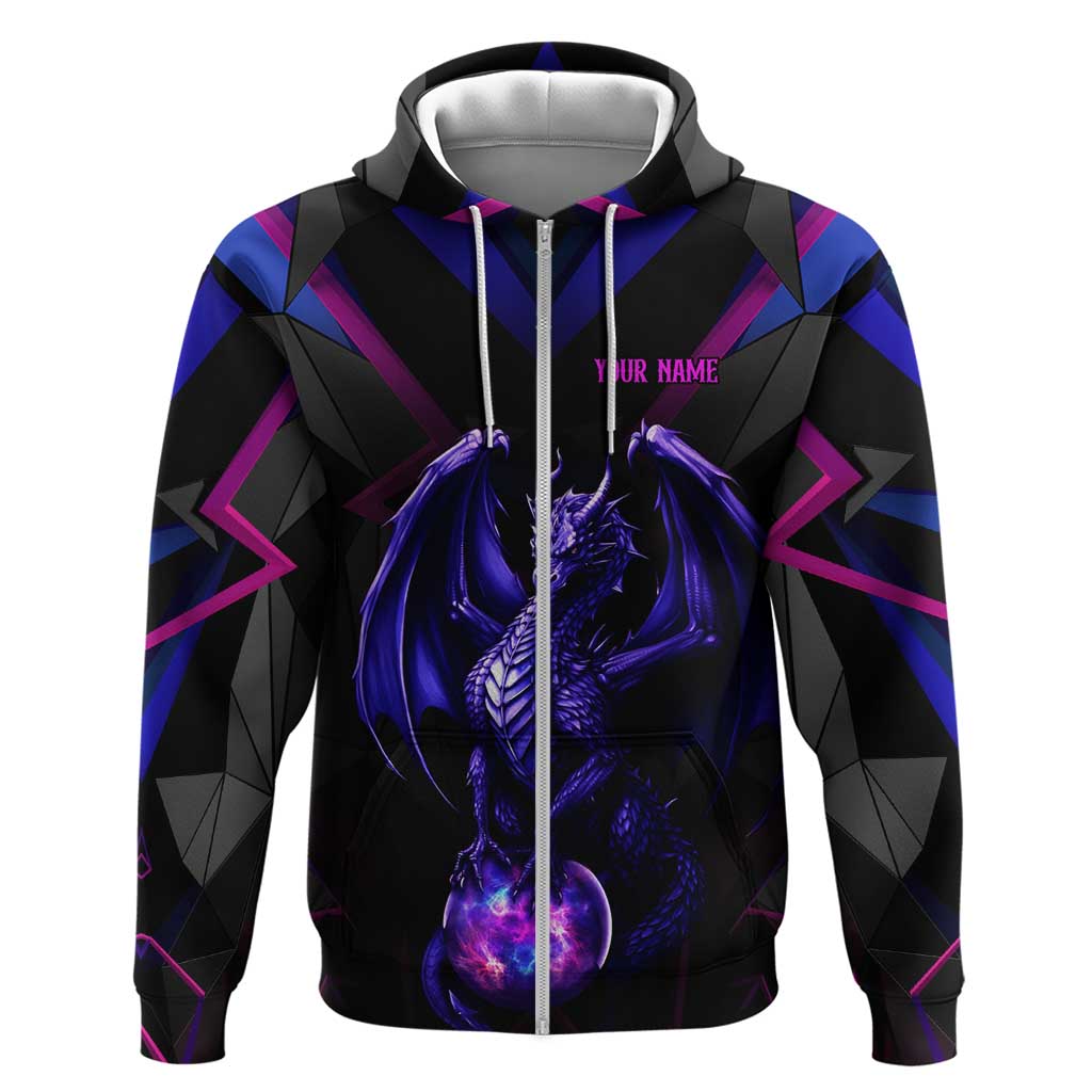 Custom Black And Purple Dragon Bowling Hoodie Magic Orb Graphic on Geometric Black Background Design TS04