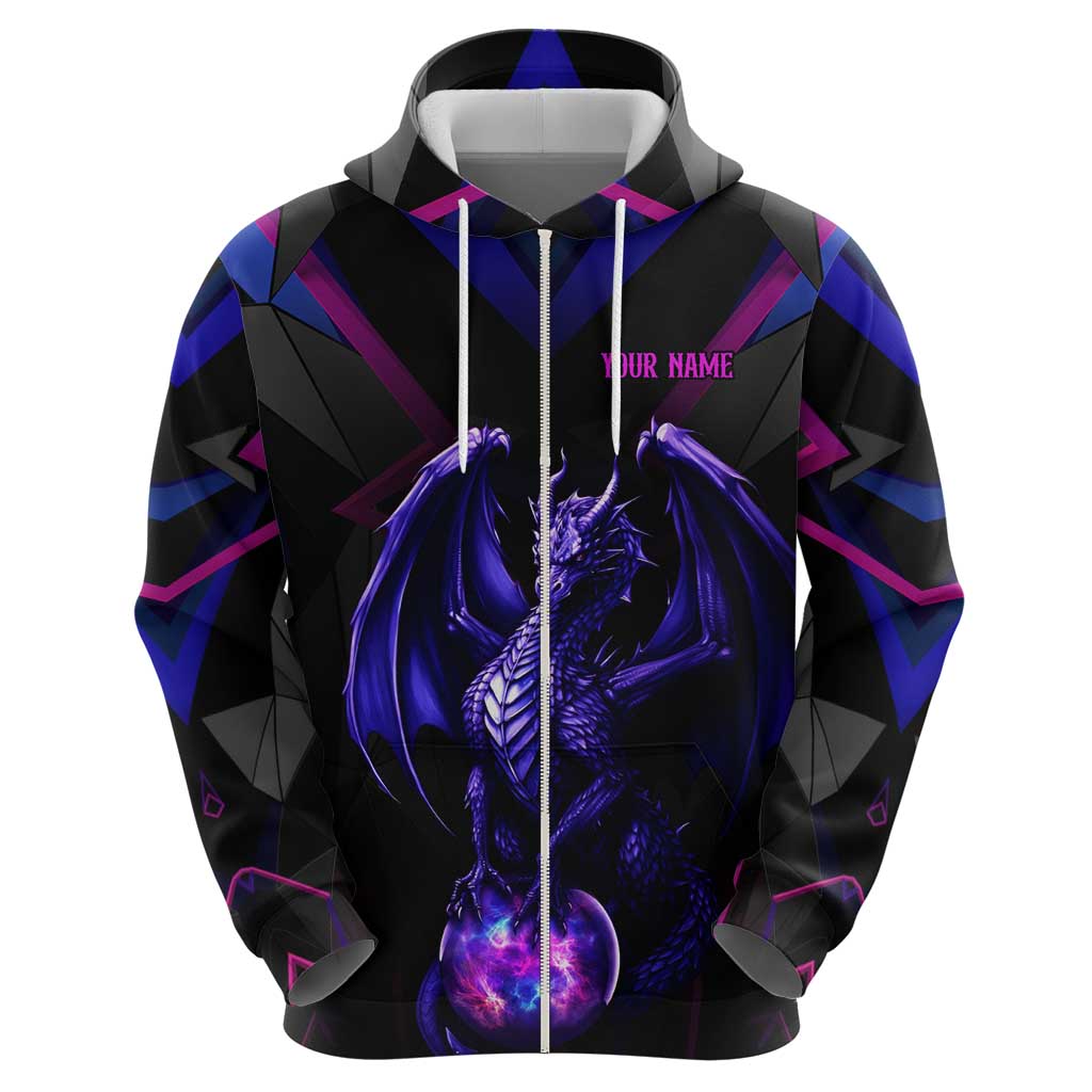 Custom Black And Purple Dragon Bowling Hoodie Magic Orb Graphic on Geometric Black Background Design TS04