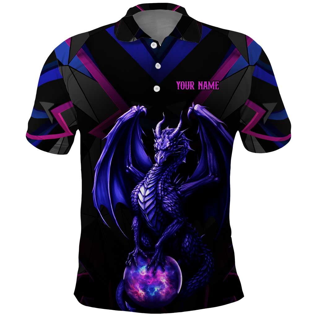 Custom Black And Purple Dragon Bowling Polo Shirt Magic Orb Graphic on Geometric Black Background Design TS04
