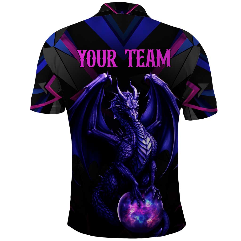 Custom Black And Purple Dragon Bowling Polo Shirt Magic Orb Graphic on Geometric Black Background Design TS04