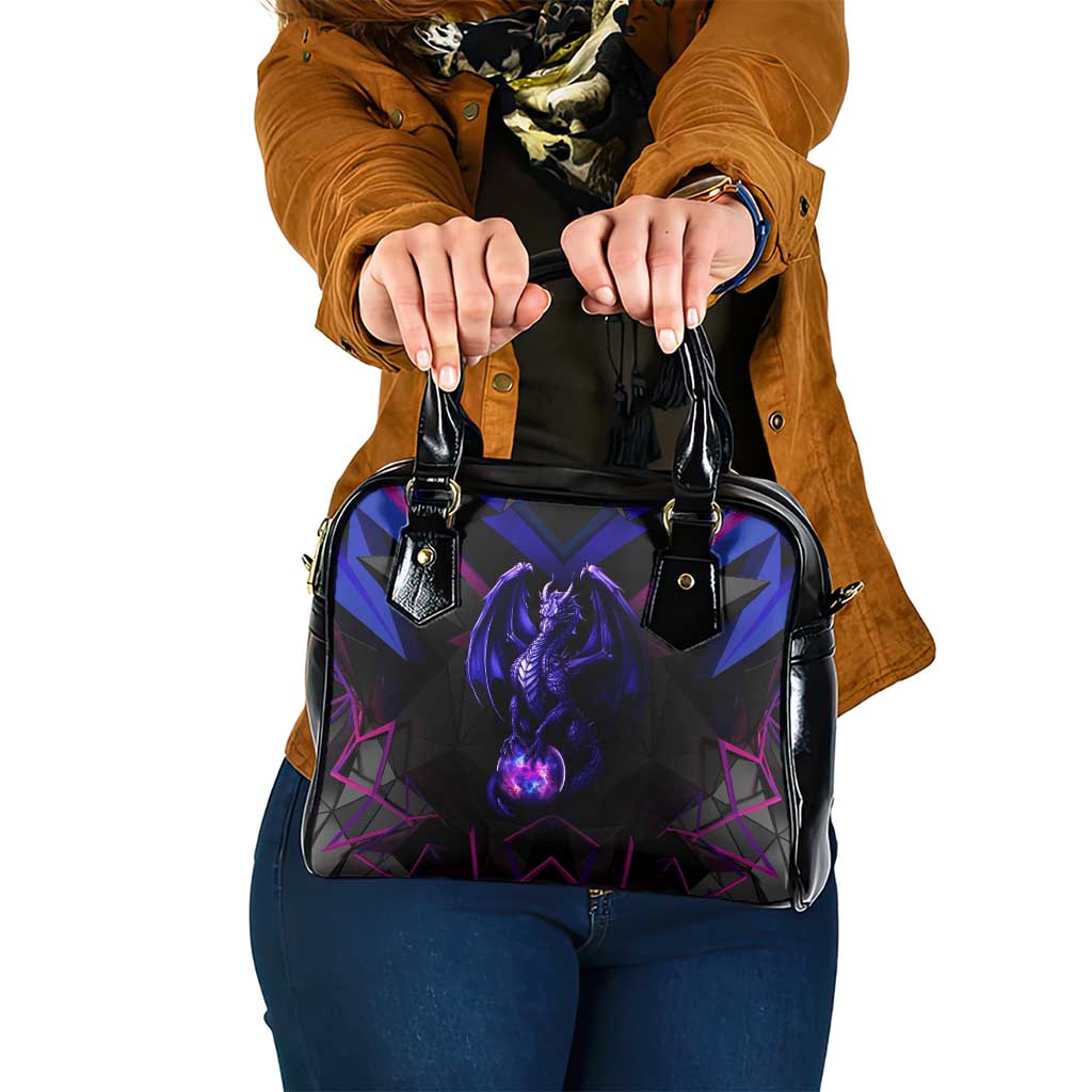 Custom Black And Purple Dragon Bowling Shoulder Handbag Magic Orb Graphic on Geometric Black Background Design TS04