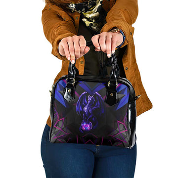 Custom Black And Purple Dragon Bowling Shoulder Handbag Magic Orb Graphic on Geometric Black Background Design TS04