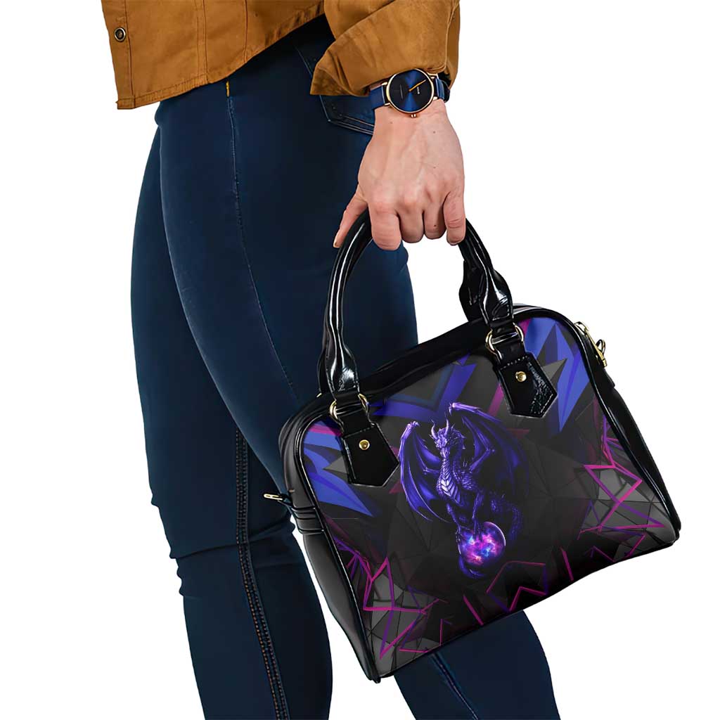Custom Black And Purple Dragon Bowling Shoulder Handbag Magic Orb Graphic on Geometric Black Background Design TS04