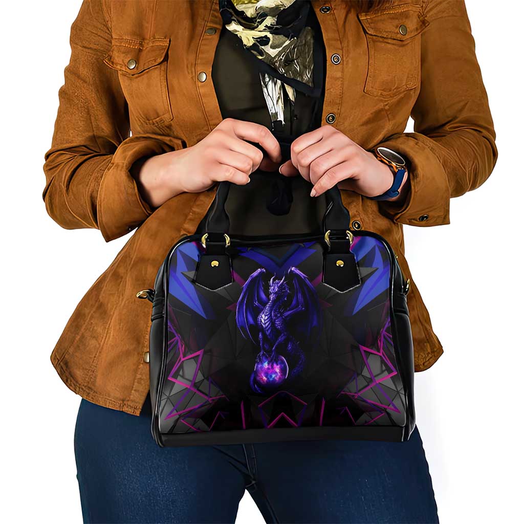 Custom Black And Purple Dragon Bowling Shoulder Handbag Magic Orb Graphic on Geometric Black Background Design TS04