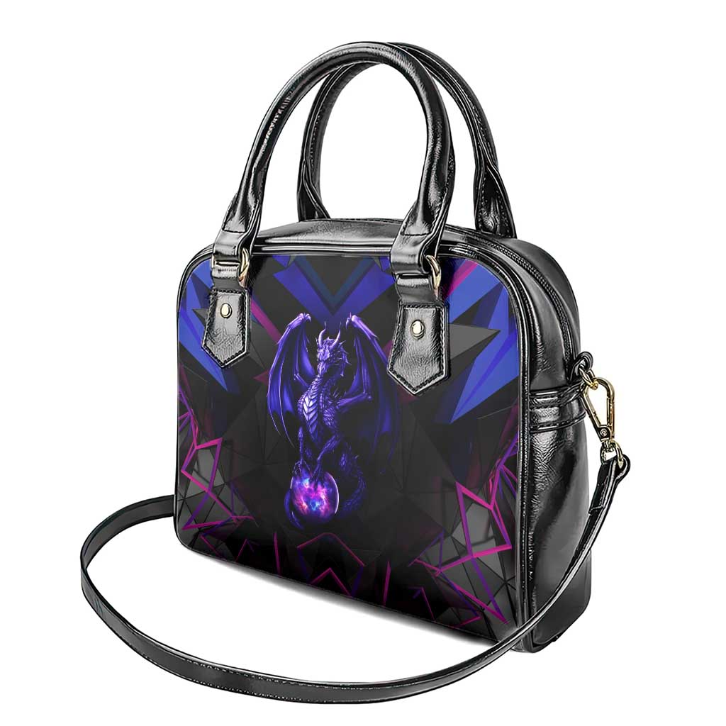 Custom Black And Purple Dragon Bowling Shoulder Handbag Magic Orb Graphic on Geometric Black Background Design TS04