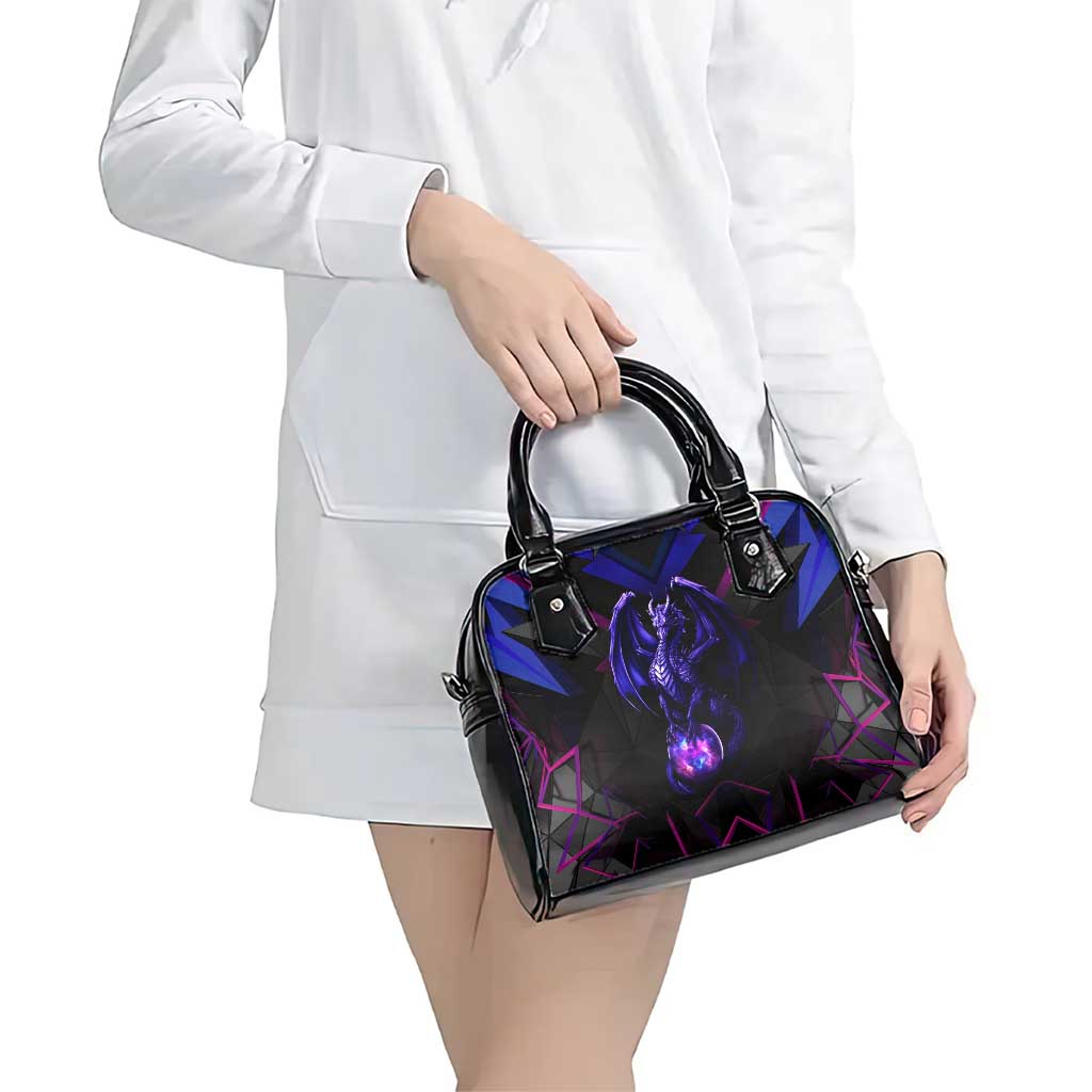 Custom Black And Purple Dragon Bowling Shoulder Handbag Magic Orb Graphic on Geometric Black Background Design TS04