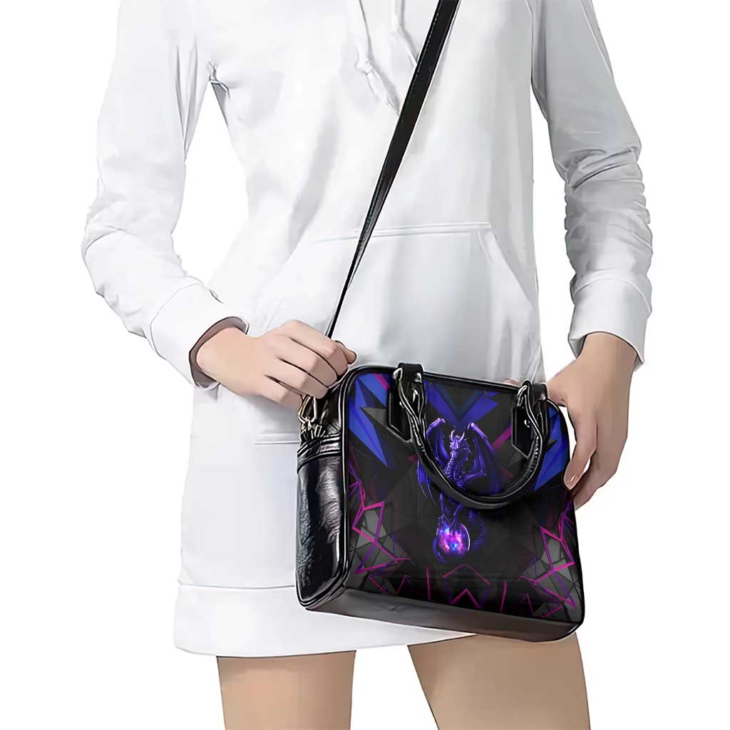 Custom Black And Purple Dragon Bowling Shoulder Handbag Magic Orb Graphic on Geometric Black Background Design TS04