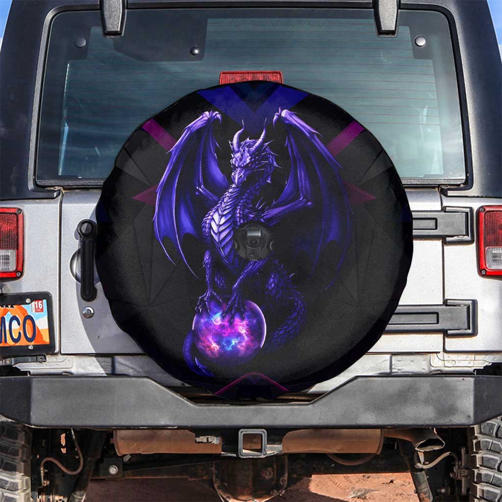 Custom Black And Purple Dragon Bowling Spare Tire Cover Magic Orb Graphic on Geometric Black Background Design TS04