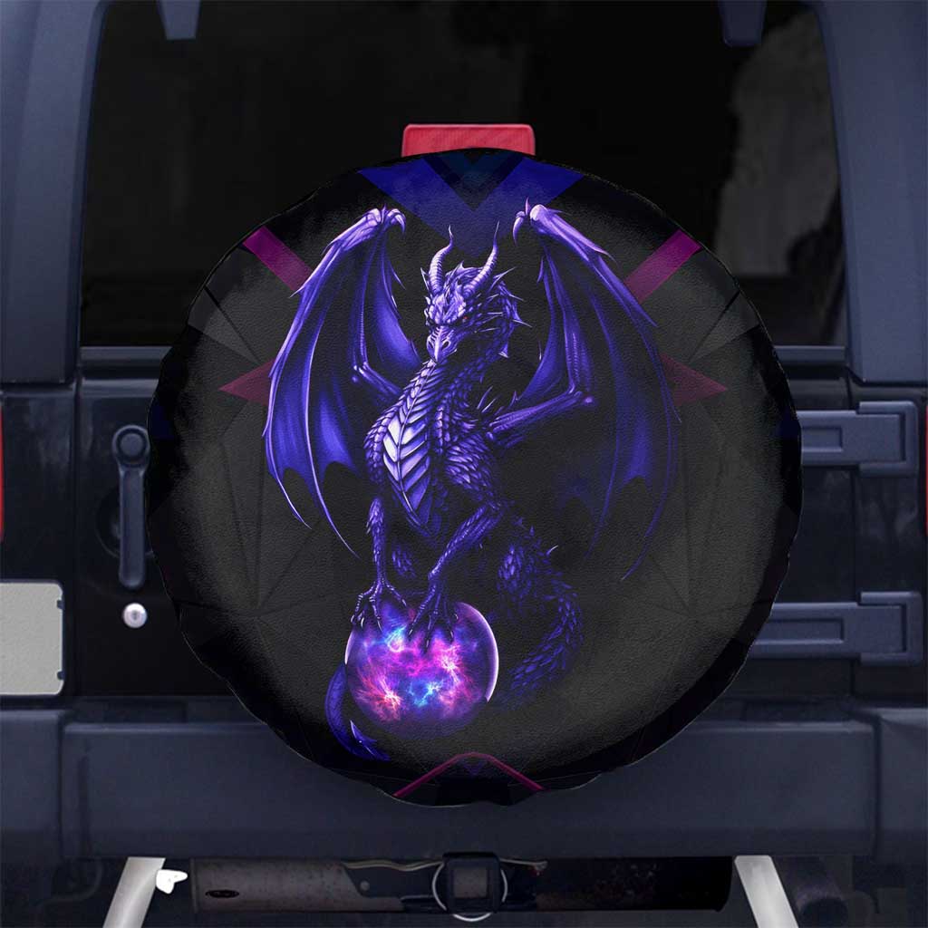 Custom Black And Purple Dragon Bowling Spare Tire Cover Magic Orb Graphic on Geometric Black Background Design TS04