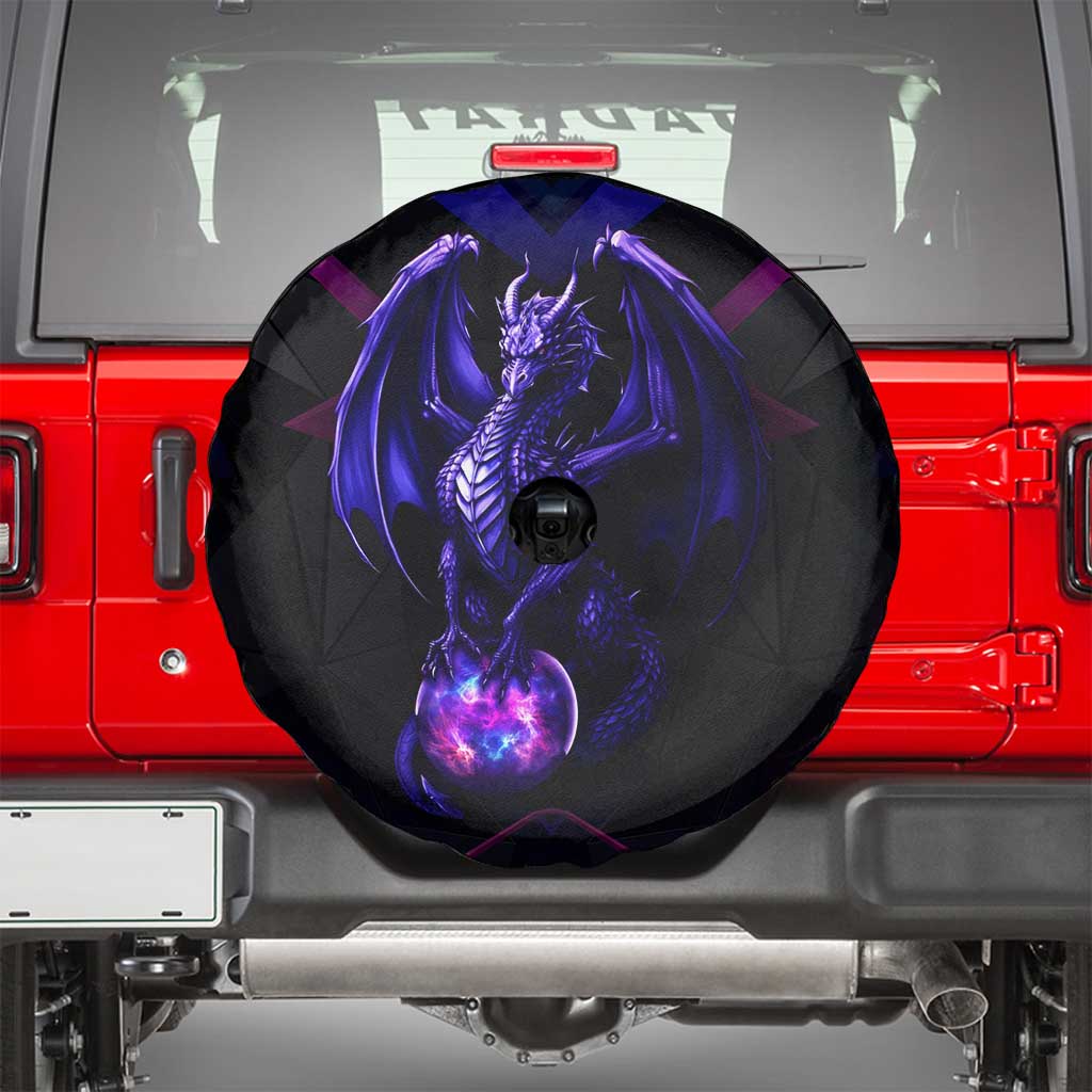 Custom Black And Purple Dragon Bowling Spare Tire Cover Magic Orb Graphic on Geometric Black Background Design TS04
