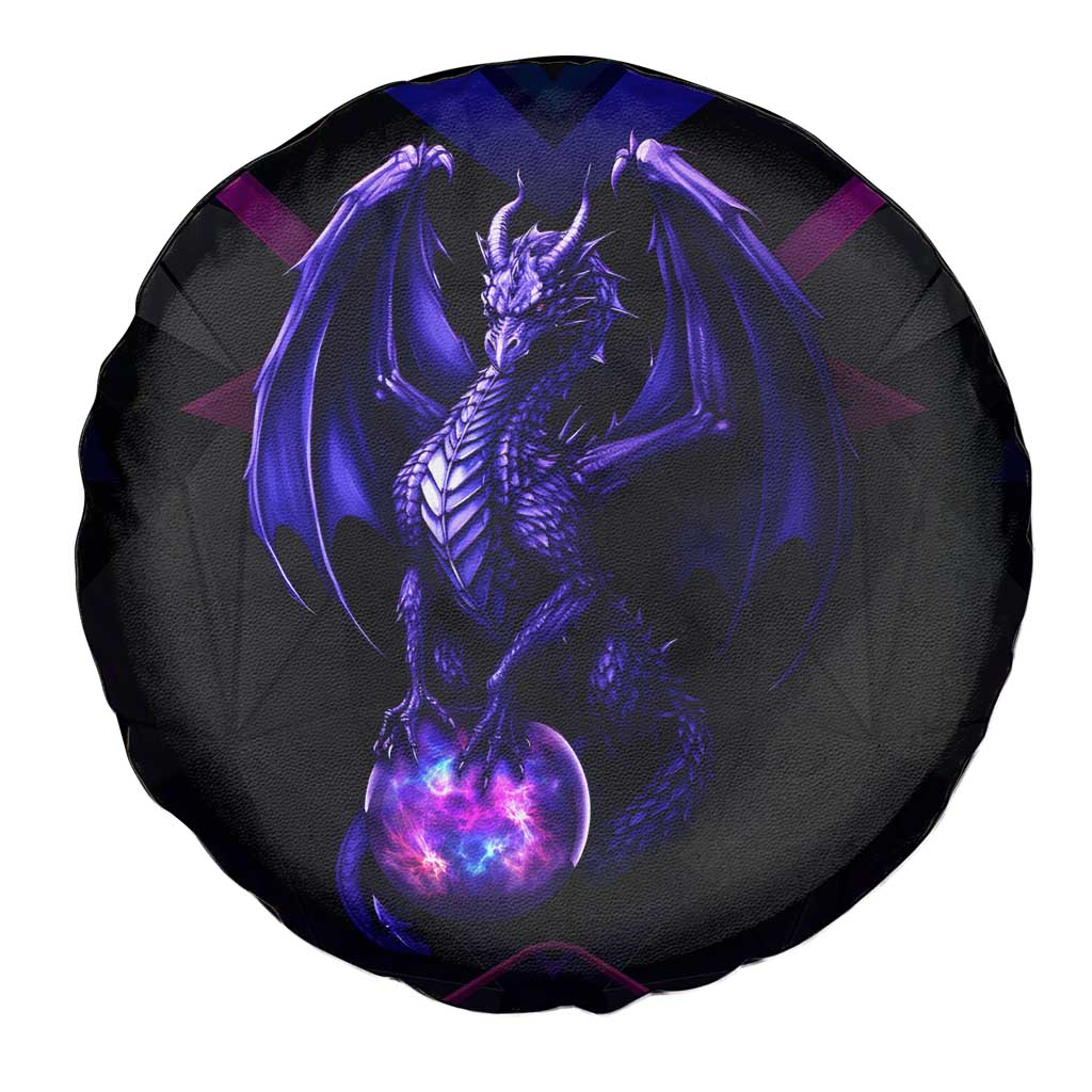Custom Black And Purple Dragon Bowling Spare Tire Cover Magic Orb Graphic on Geometric Black Background Design TS04