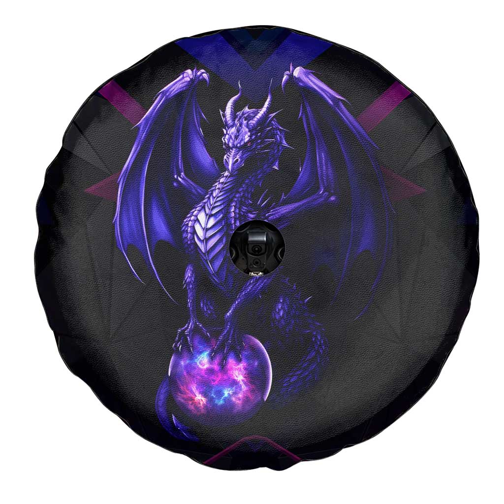 Custom Black And Purple Dragon Bowling Spare Tire Cover Magic Orb Graphic on Geometric Black Background Design TS04