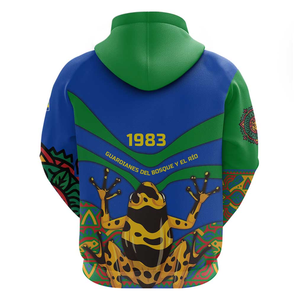 Indigenous Regions of Panama Embera-Wounaan Hoodie Frog Graphic and Indigenous Pattern Guardians of the Forest TS04