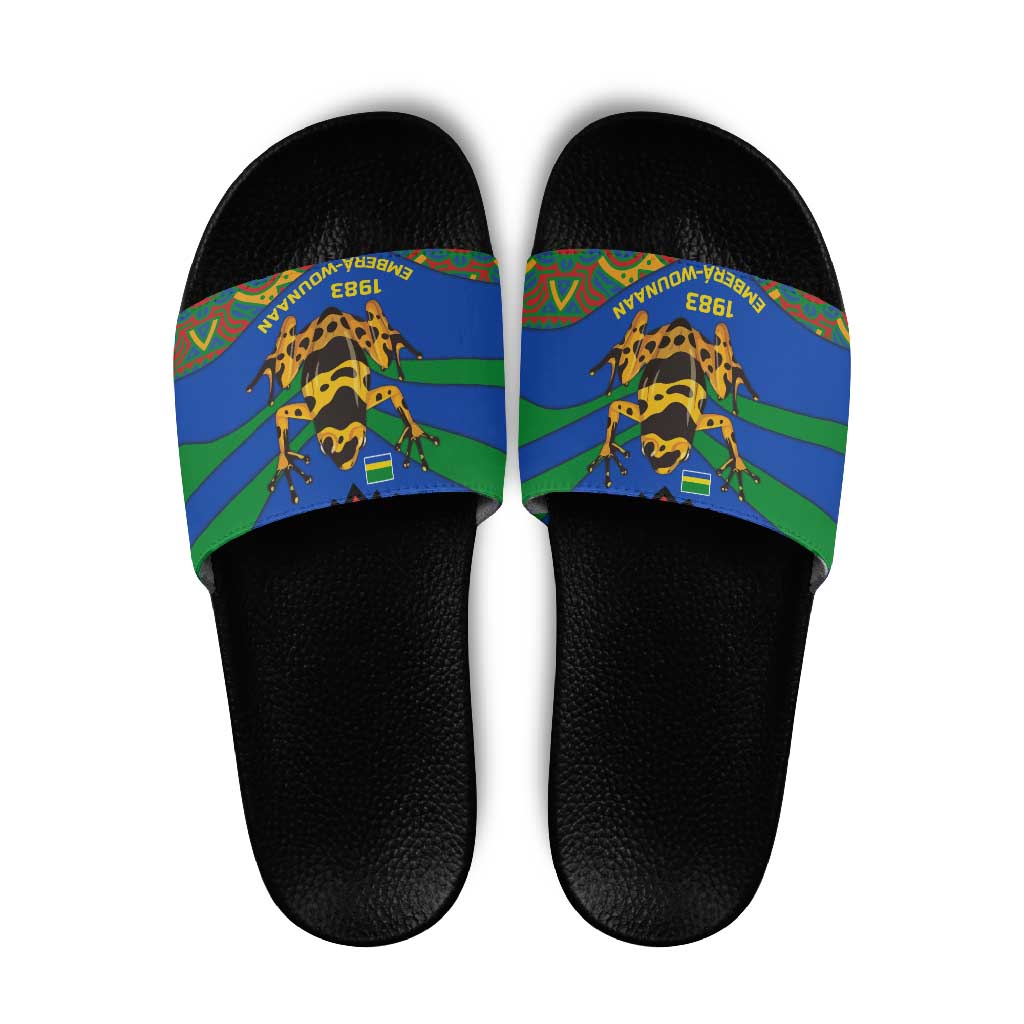 Indigenous Regions of Panama Embera-Wounaan Slide Sandals Frog Graphic and Indigenous Pattern Guardians of the Forest TS04