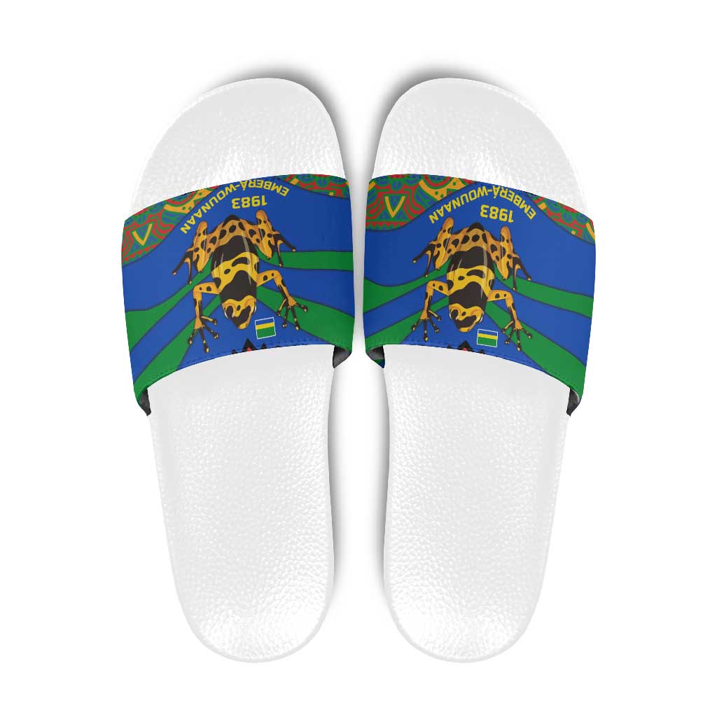 Indigenous Regions of Panama Embera-Wounaan Slide Sandals Frog Graphic and Indigenous Pattern Guardians of the Forest TS04