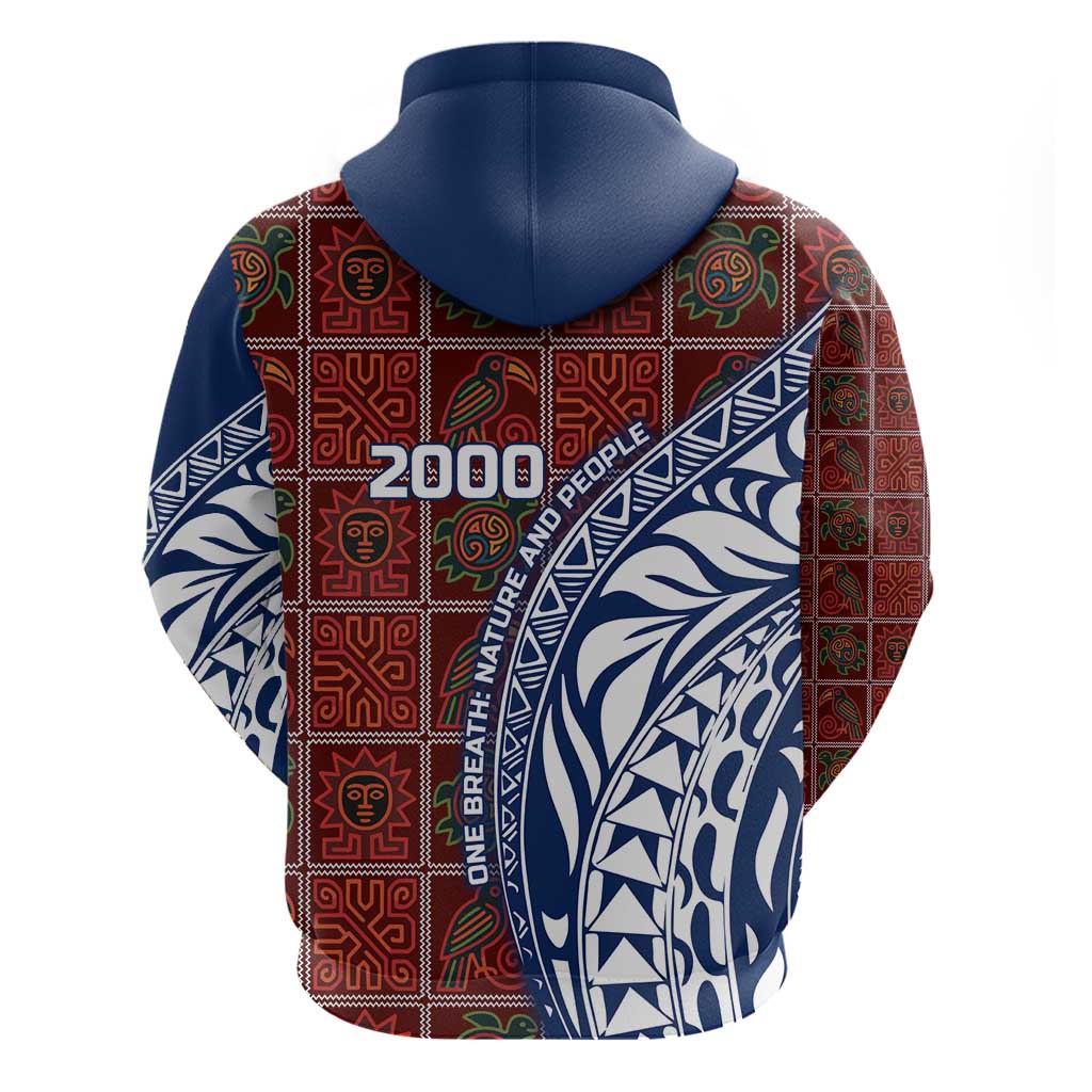 Indigenous Regions of Panama Guna de Wargandí Hoodie with Tribal Pattern and Blue White Nature and People TS04