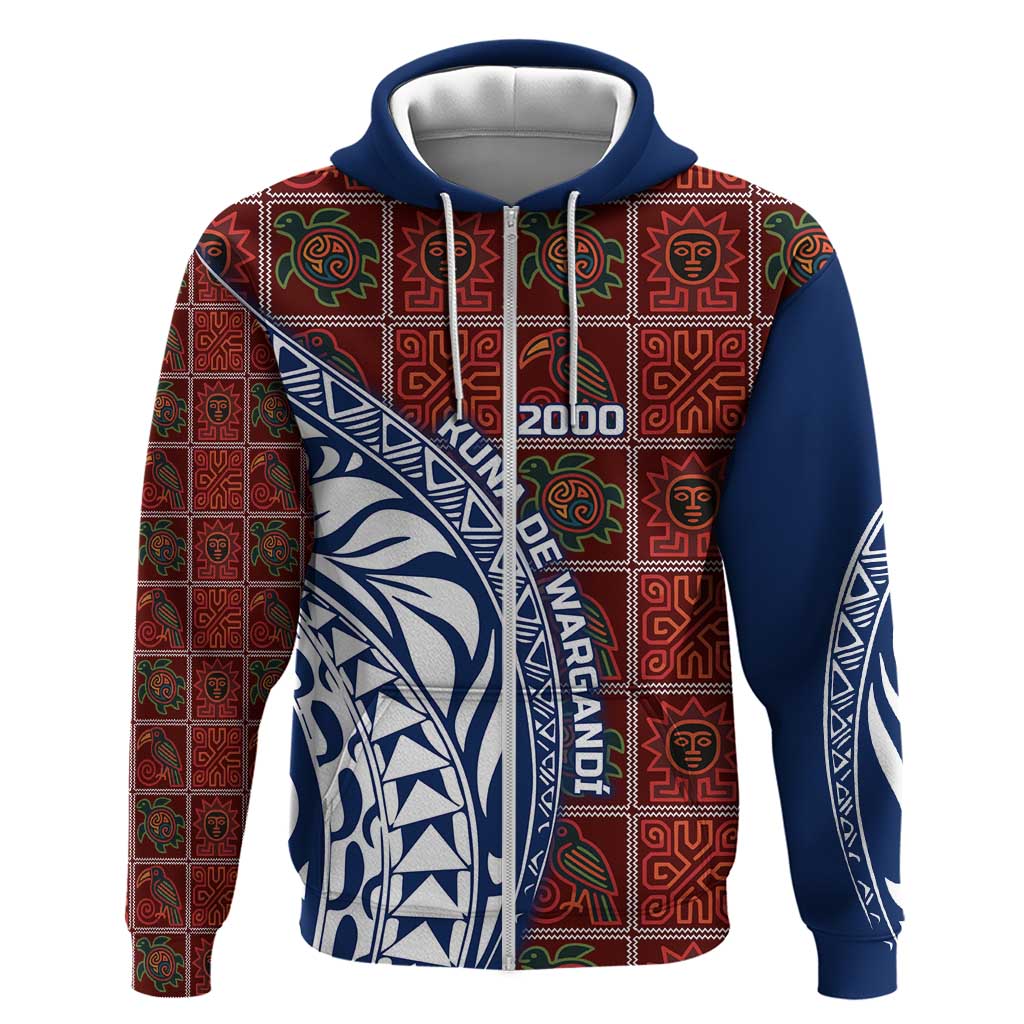 Indigenous Regions of Panama Guna de Wargandí Hoodie with Tribal Pattern and Blue White Nature and People TS04