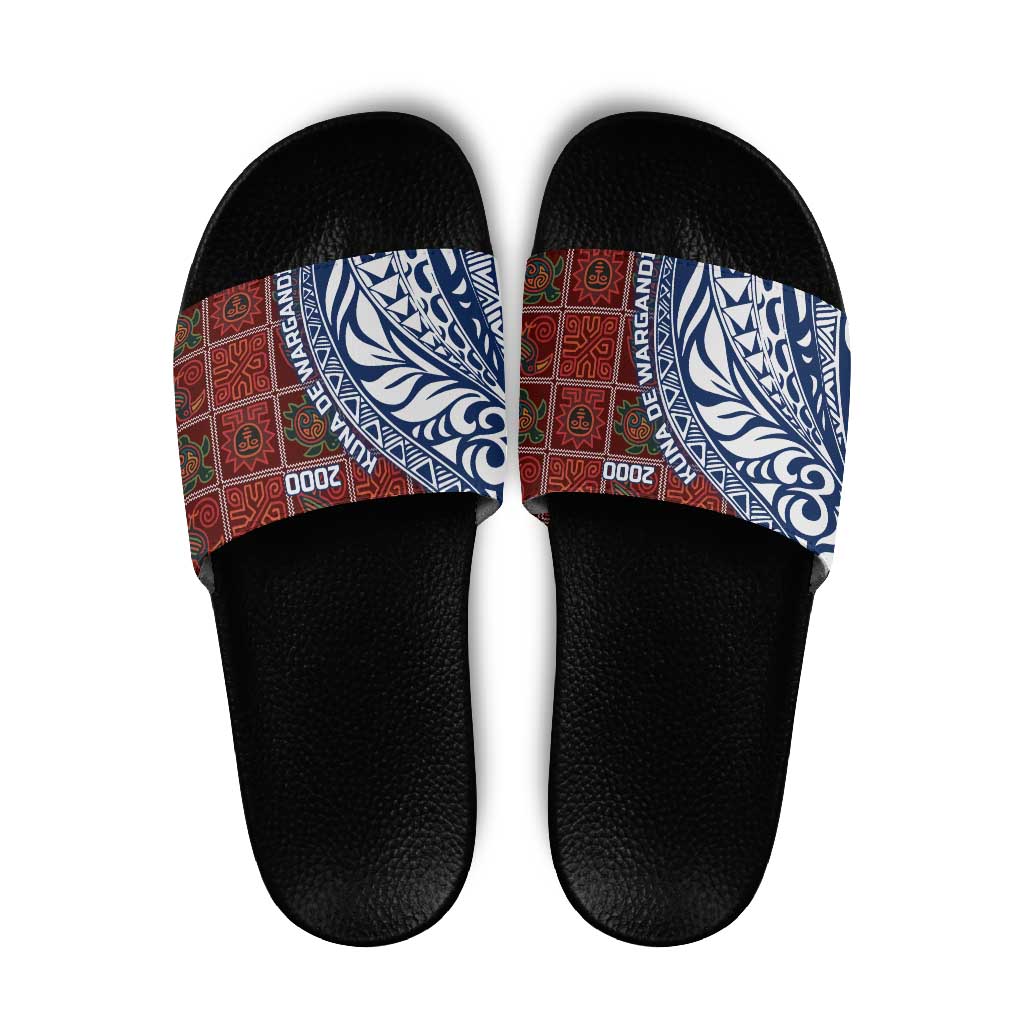 Indigenous Regions of Panama Guna de Wargandí Slide Sandals with Tribal Pattern and Blue White Nature and People TS04