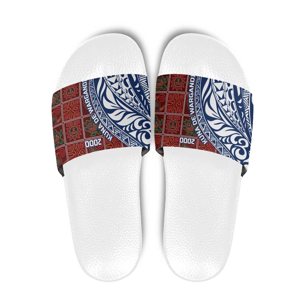 Indigenous Regions of Panama Guna de Wargandí Slide Sandals with Tribal Pattern and Blue White Nature and People TS04