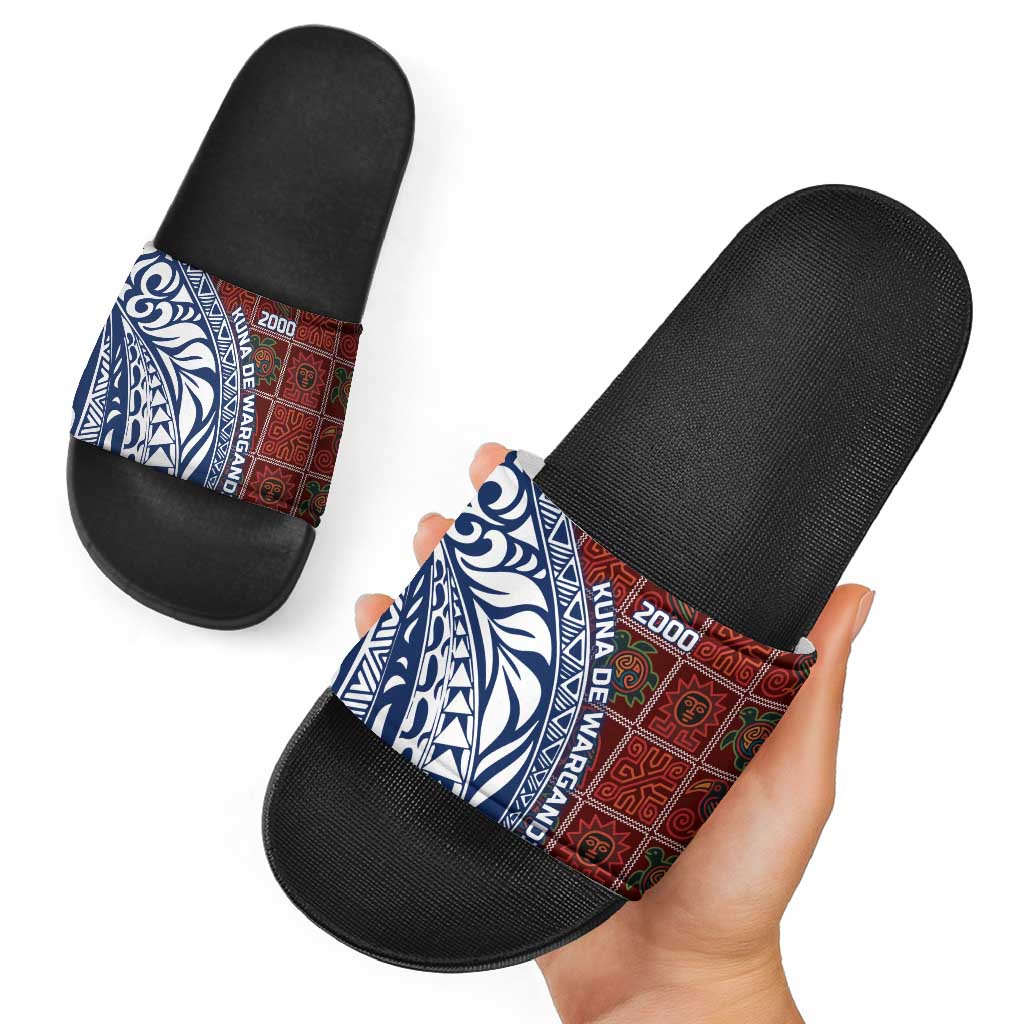 Indigenous Regions of Panama Guna de Wargandí Slide Sandals with Tribal Pattern and Blue White Nature and People TS04