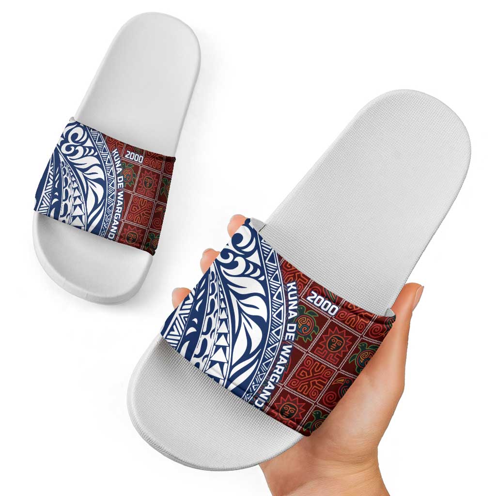 Indigenous Regions of Panama Guna de Wargandí Slide Sandals with Tribal Pattern and Blue White Nature and People TS04