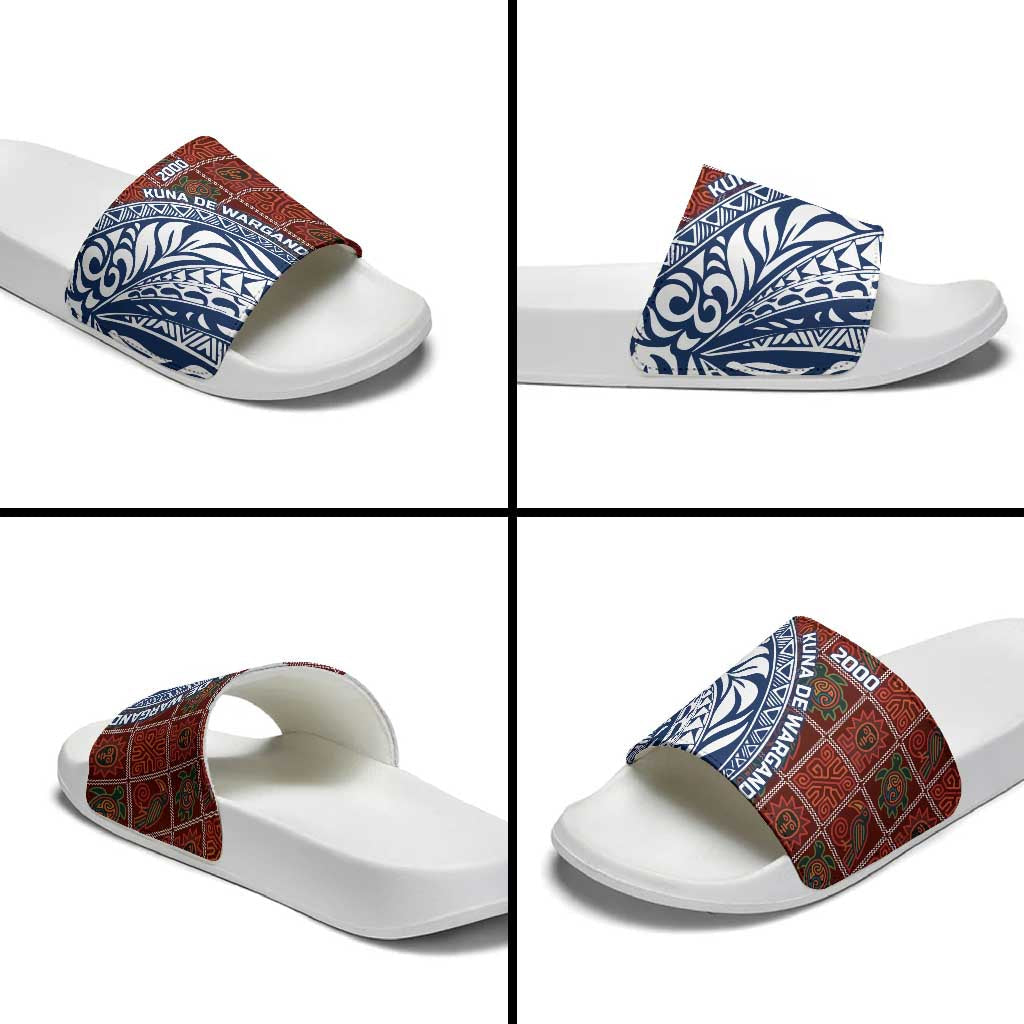Indigenous Regions of Panama Guna de Wargandí Slide Sandals with Tribal Pattern and Blue White Nature and People TS04