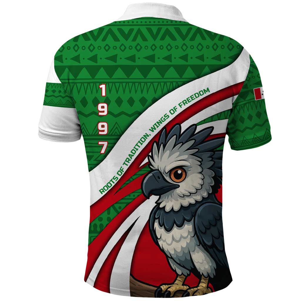 Indigenous Regions of Panama Ngabe-Bugle Polo Shirt with Harpy Eagle Graphic and Green Red Tribal Pattern 1997 TS04