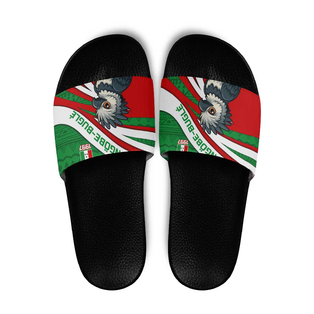 Indigenous Regions of Panama Ngabe-Bugle Slide Sandals with Harpy Eagle Graphic and Green Red Tribal Pattern 1997 TS04