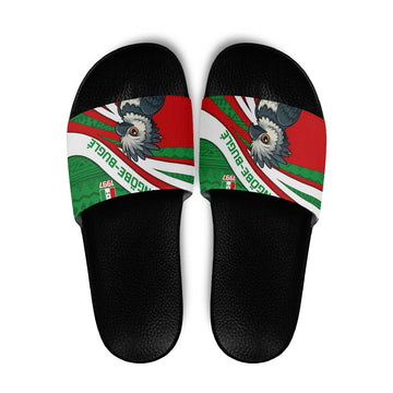 Indigenous Regions of Panama Ngabe-Bugle Slide Sandals with Harpy Eagle Graphic and Green Red Tribal Pattern 1997 TS04