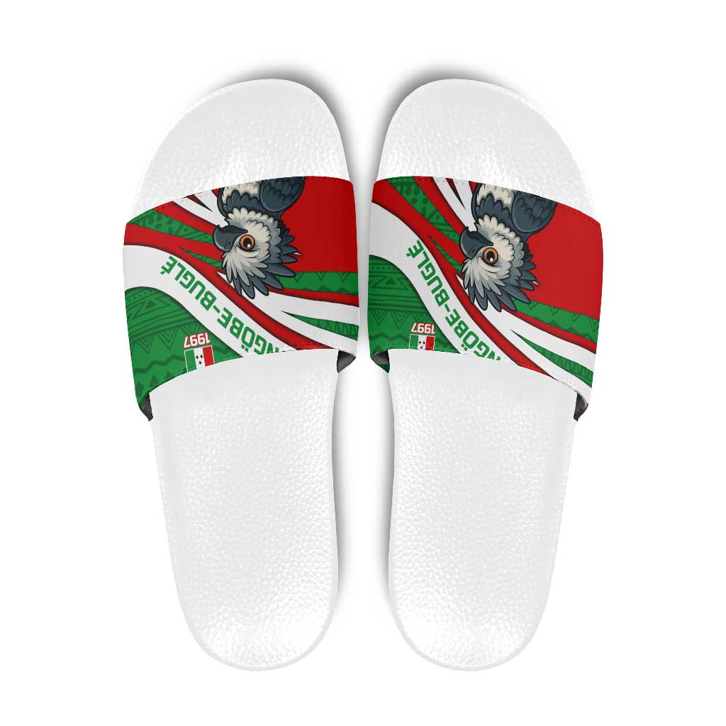 Indigenous Regions of Panama Ngabe-Bugle Slide Sandals with Harpy Eagle Graphic and Green Red Tribal Pattern 1997 TS04