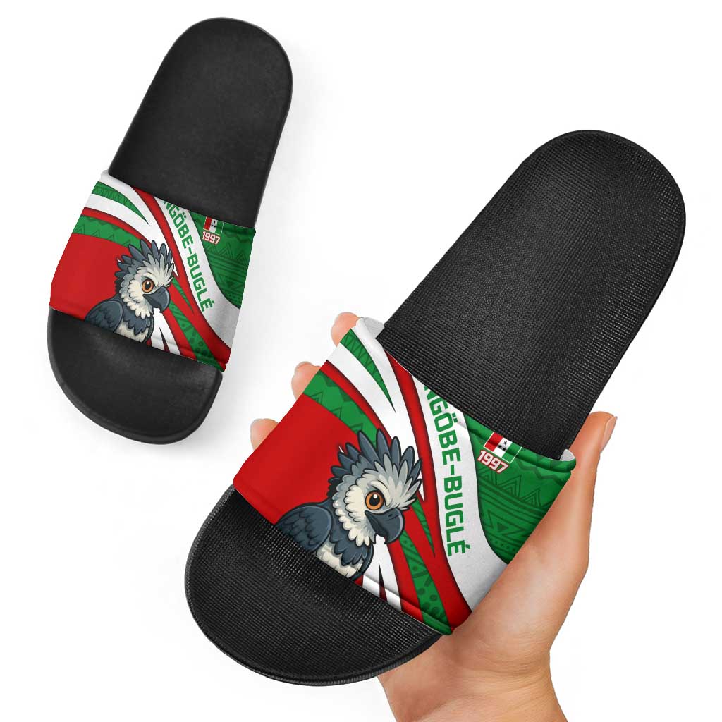 Indigenous Regions of Panama Ngabe-Bugle Slide Sandals with Harpy Eagle Graphic and Green Red Tribal Pattern 1997 TS04
