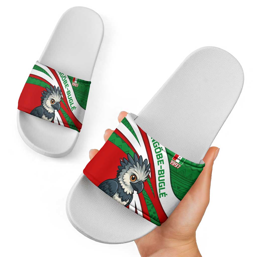 Indigenous Regions of Panama Ngabe-Bugle Slide Sandals with Harpy Eagle Graphic and Green Red Tribal Pattern 1997 TS04