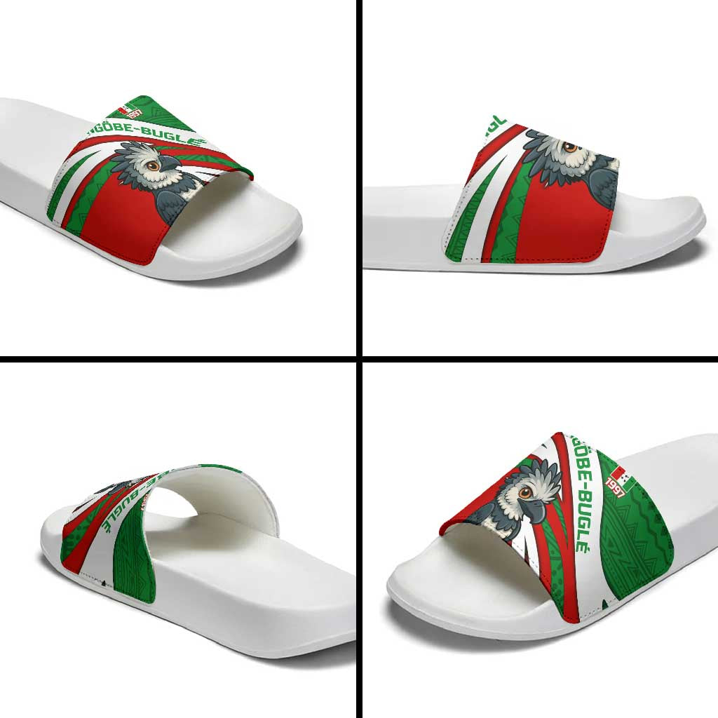 Indigenous Regions of Panama Ngabe-Bugle Slide Sandals with Harpy Eagle Graphic and Green Red Tribal Pattern 1997 TS04