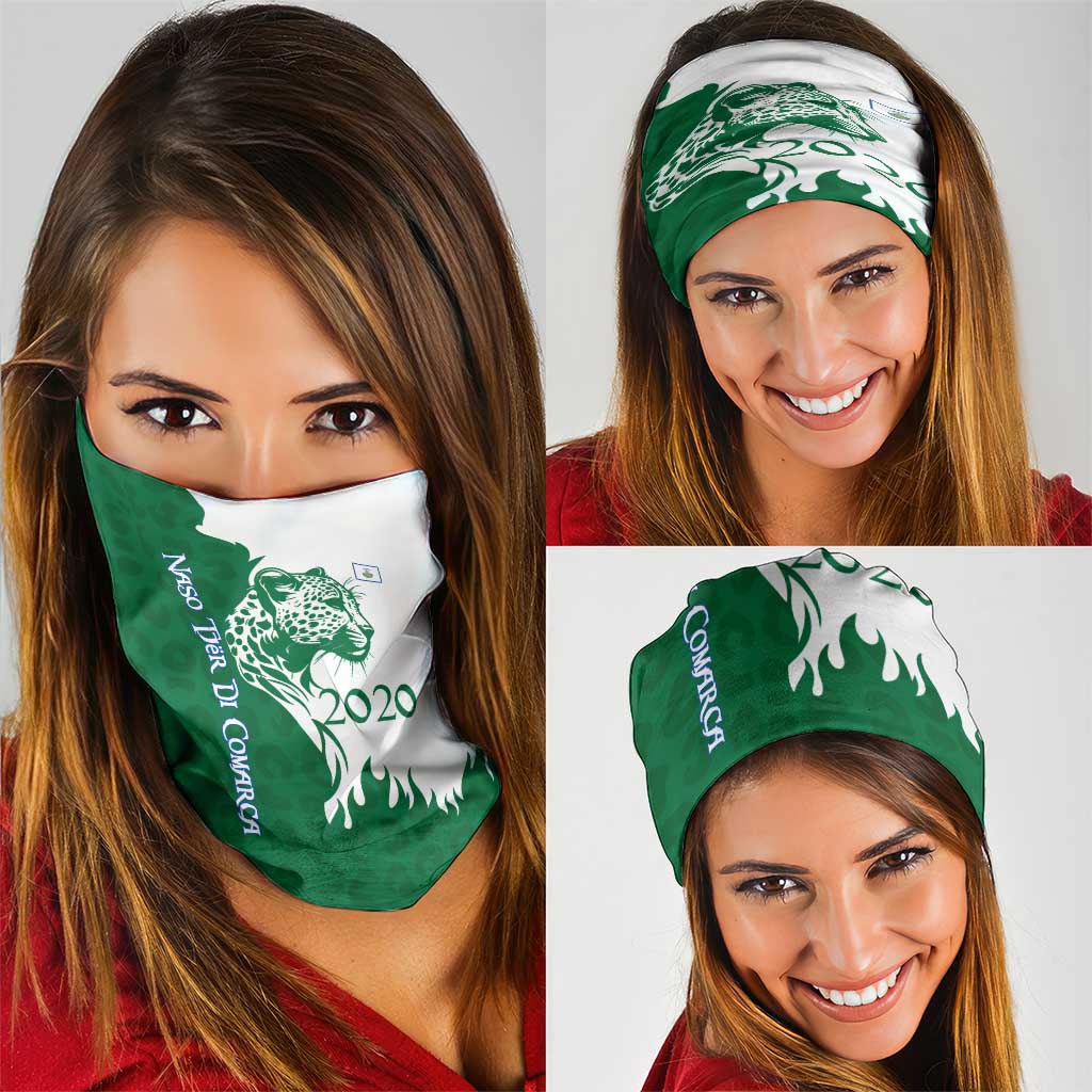 Indigenous Regions of Panama Naso Tjer Di Comarca Neck Gaiter with Jaguar Graphic and Green White Territory and Life 2020 TS04