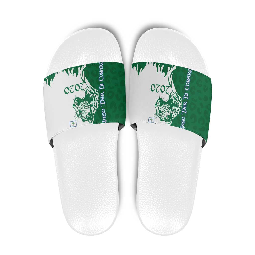 Indigenous Regions of Panama Naso Tjer Di Comarca Slide Sandals with Jaguar Graphic and Green White Territory and Life 2020 TS04