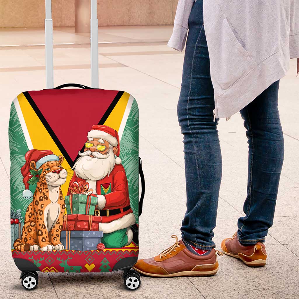 Guyana Christmas Santa Leopard Luggage Cover with Green Red Yellow Gift and Map TS04