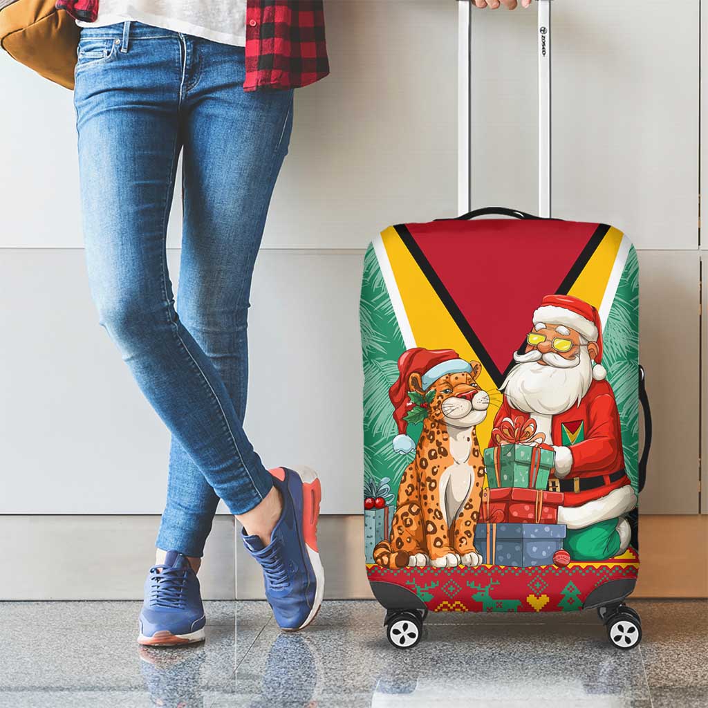Guyana Christmas Santa Leopard Luggage Cover with Green Red Yellow Gift and Map TS04