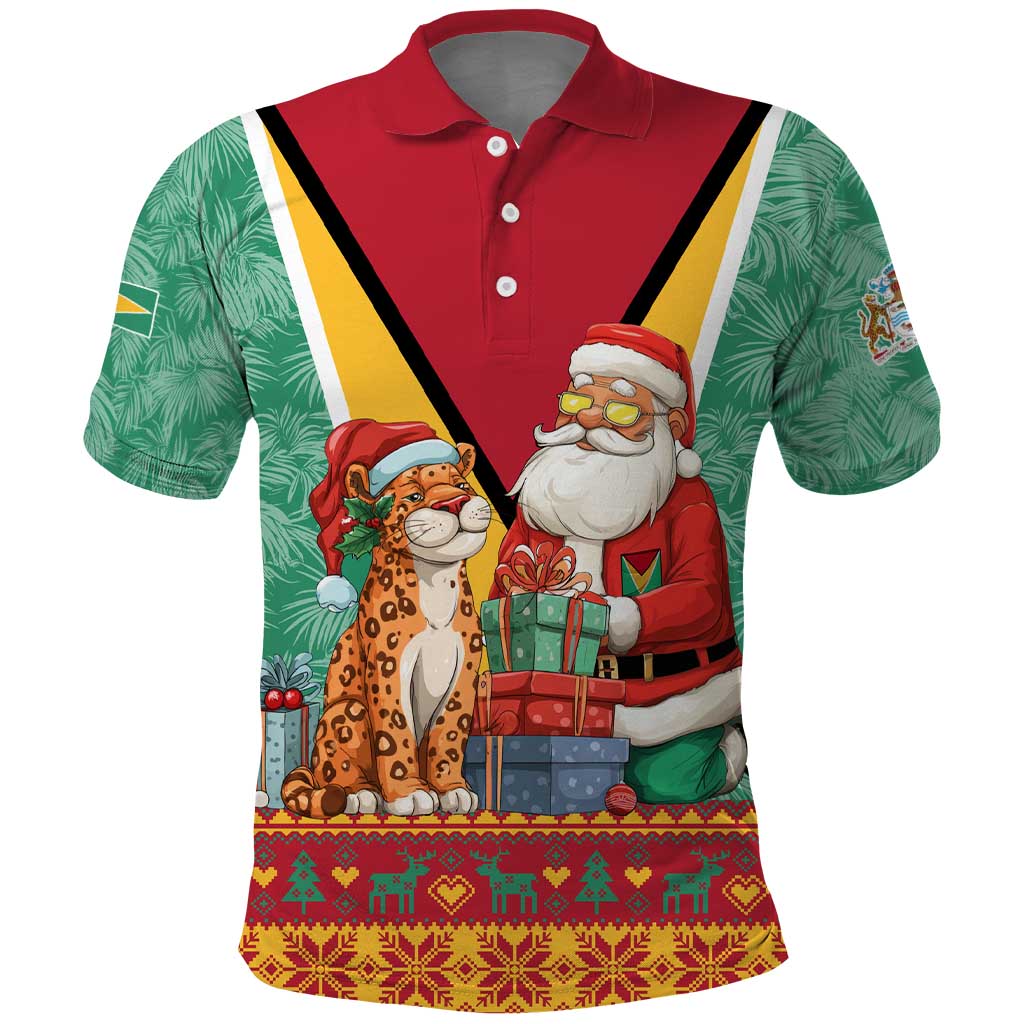 Guyana Christmas Santa Leopard Polo Shirt with Green Red Yellow Gift and Map TS04