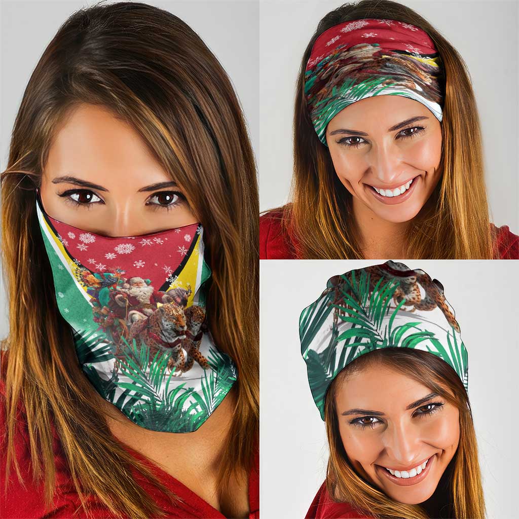 Guyana Flag Neck Gaiter Christmas Santa Jaguar and National Motto Green Yellow TS04